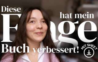 Thumbnail zum YouTube-Video: "Ich treffe eine Literaturagentin! Tipps für hilfreiche Kritik" Leyla schaut lächelnd in die Ferne. Hinter ihr steht "Diese Frage hat mein Buch verbessert" und "Mit Sheet" mit einem Download-Symbol.