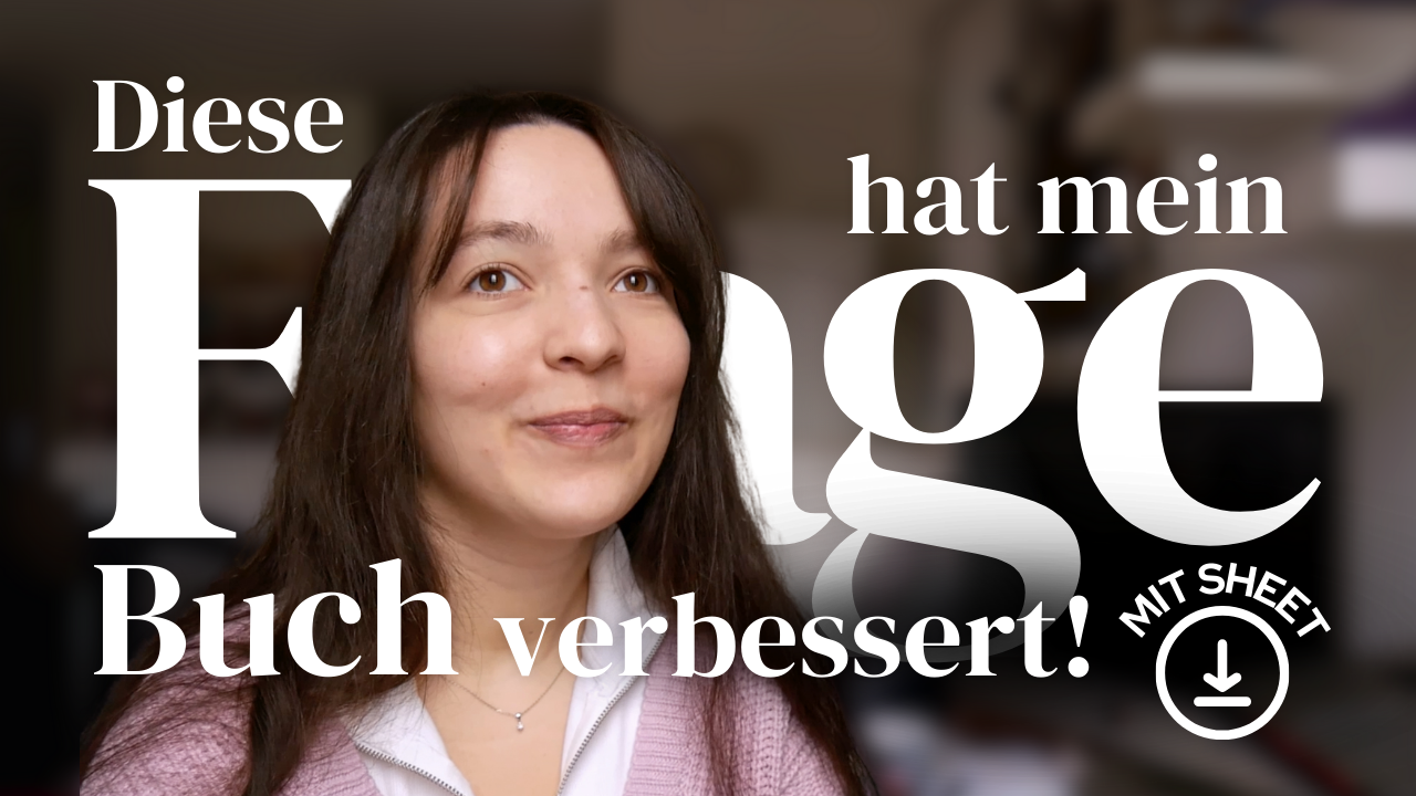 Thumbnail zum YouTube-Video: "Ich treffe eine Literaturagentin! Tipps für hilfreiche Kritik" Leyla schaut lächelnd in die Ferne. Hinter ihr steht "Diese Frage hat mein Buch verbessert" und "Mit Sheet" mit einem Download-Symbol.