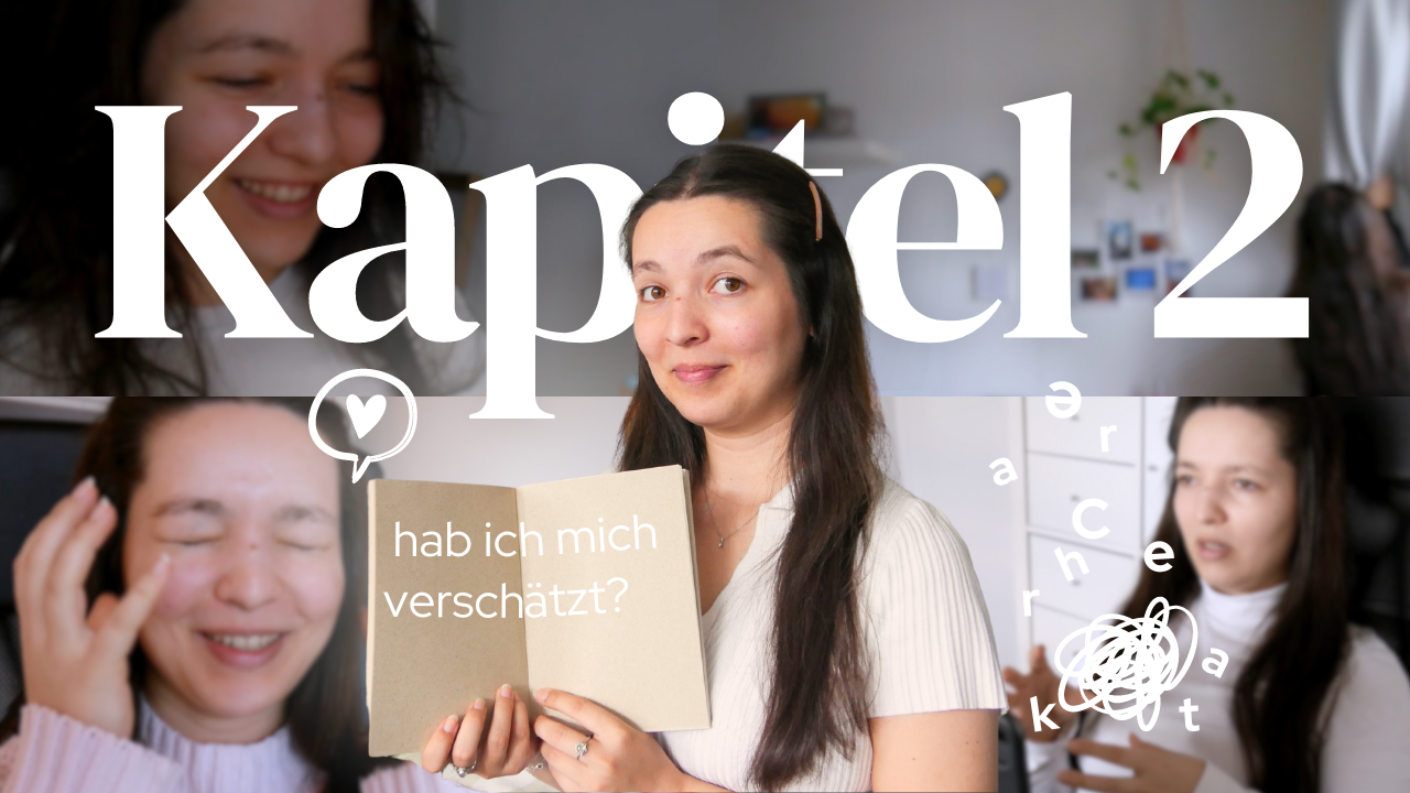 Thumbnail zum YouTube-Video: "Kann ich in 30 Tagen ein Buch schreiben? Part 2" In der Mitte zwischen vier Ausschnitten aus dem Vlog hält Leyla ein Notizbuch in die Höhe, auf dem steht "hab ich mich verschätzt?"